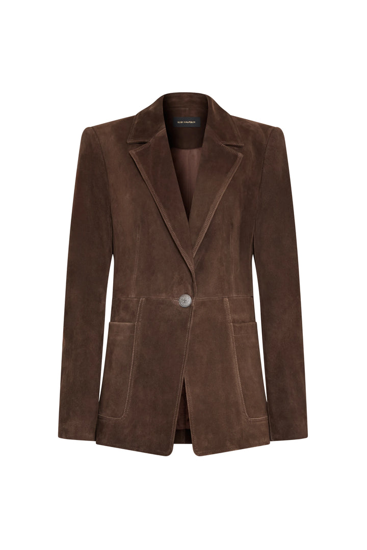 Tailored suede blazer with single button closure, sharp lapels, and two front pockets. Front view on white.