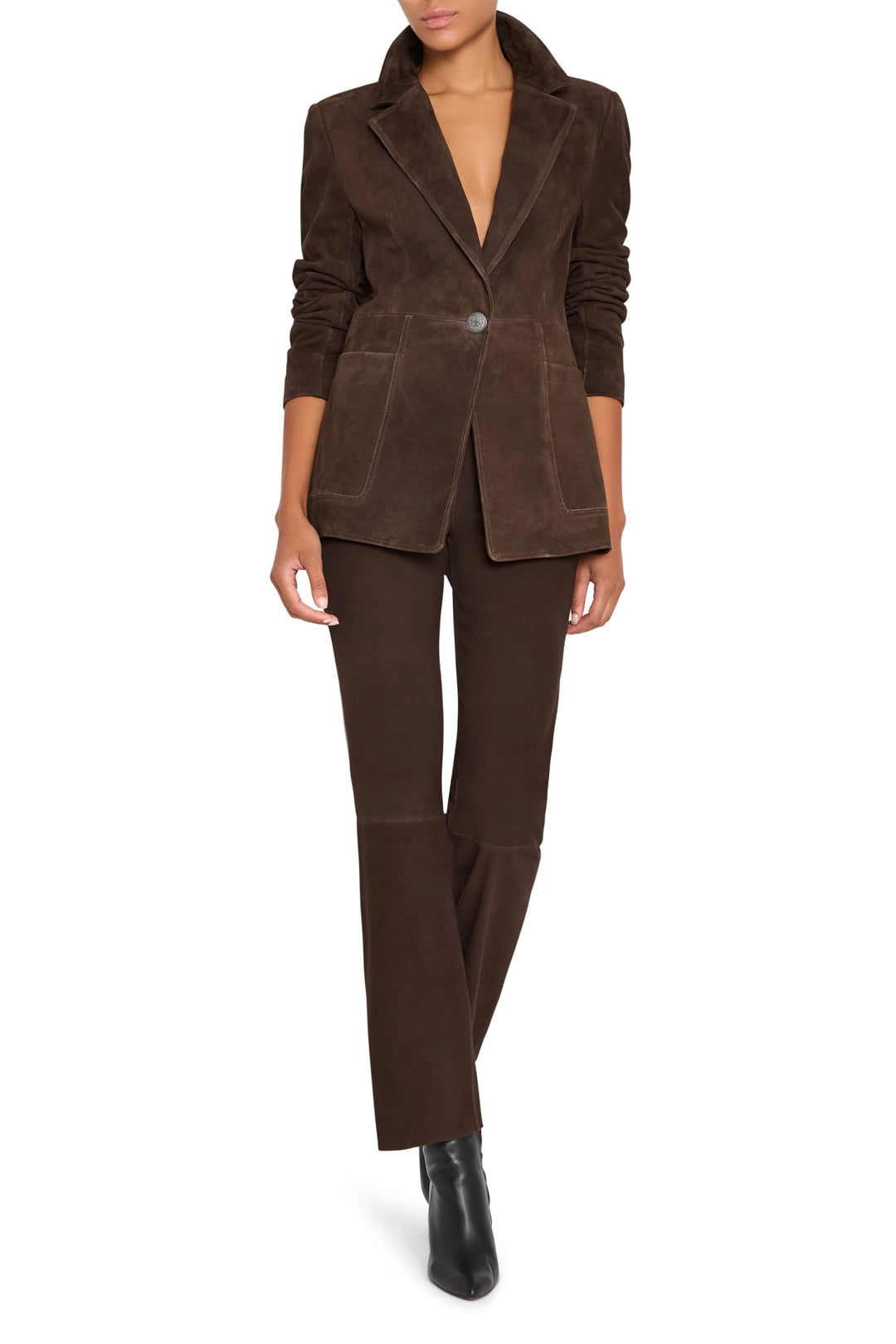 Tailored suede blazer with classic lapel, single-breasted front, structured silhouette; front view on white.