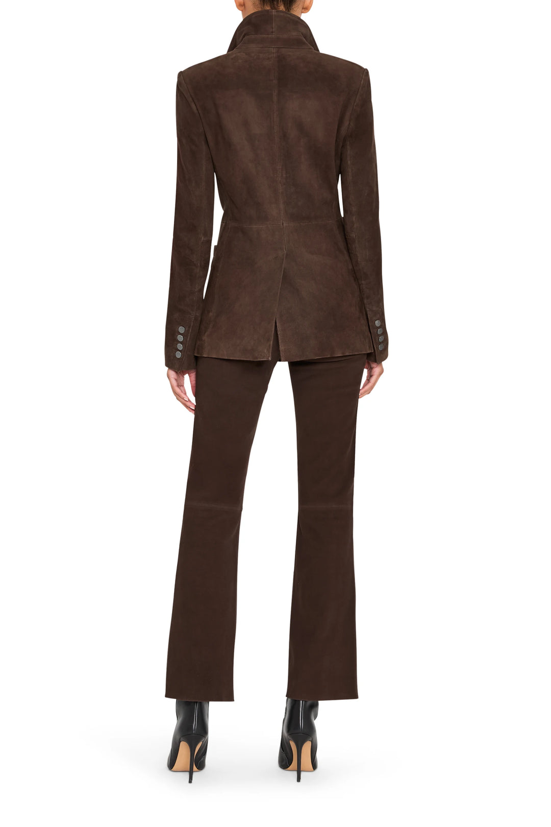 Elongated silhouette blazer in suede with classic lapels and tailored seams, back view on model.