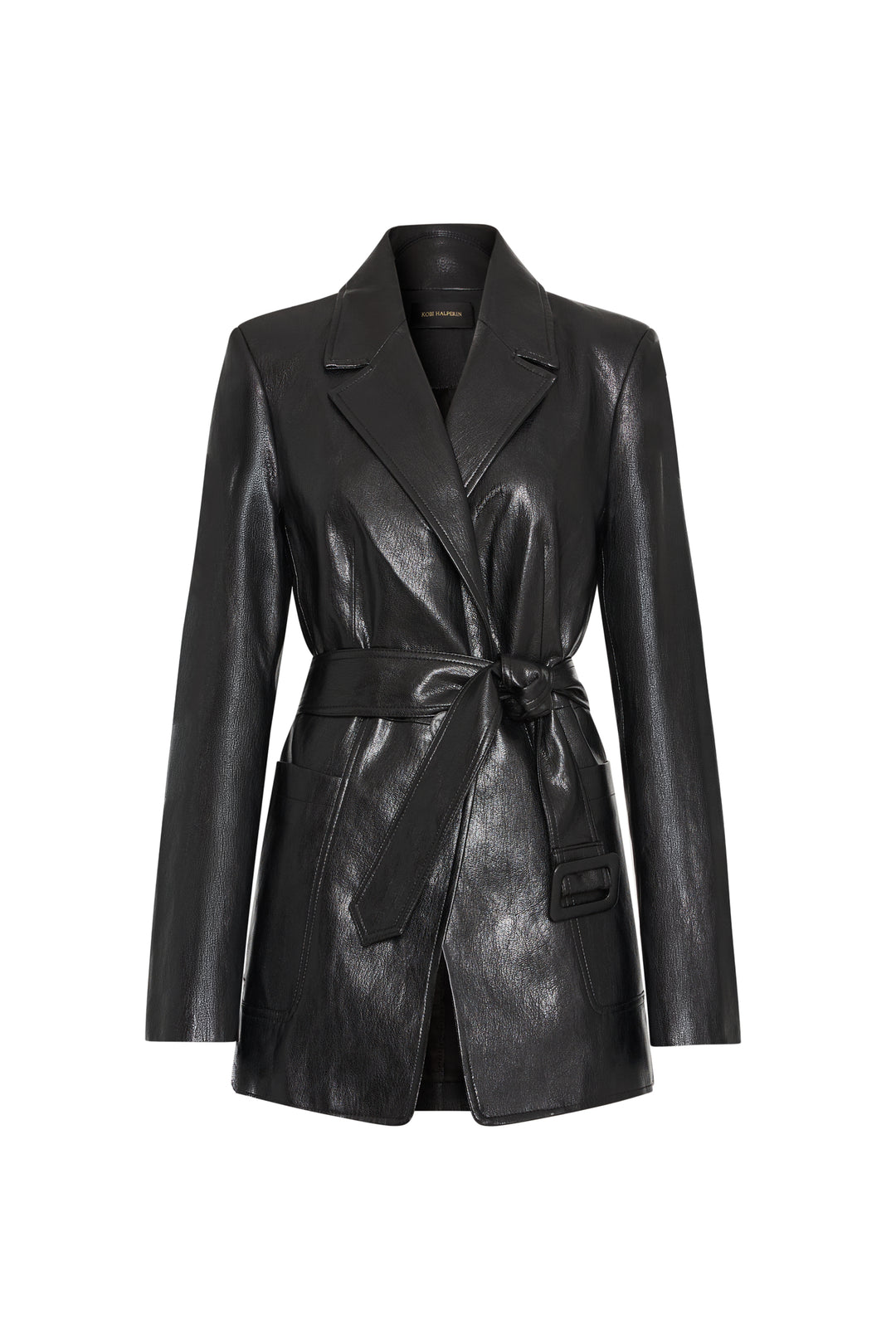 Vegan leather jacket with notched lapels, removable belt, front pockets, tailored silhouette; front view on white.