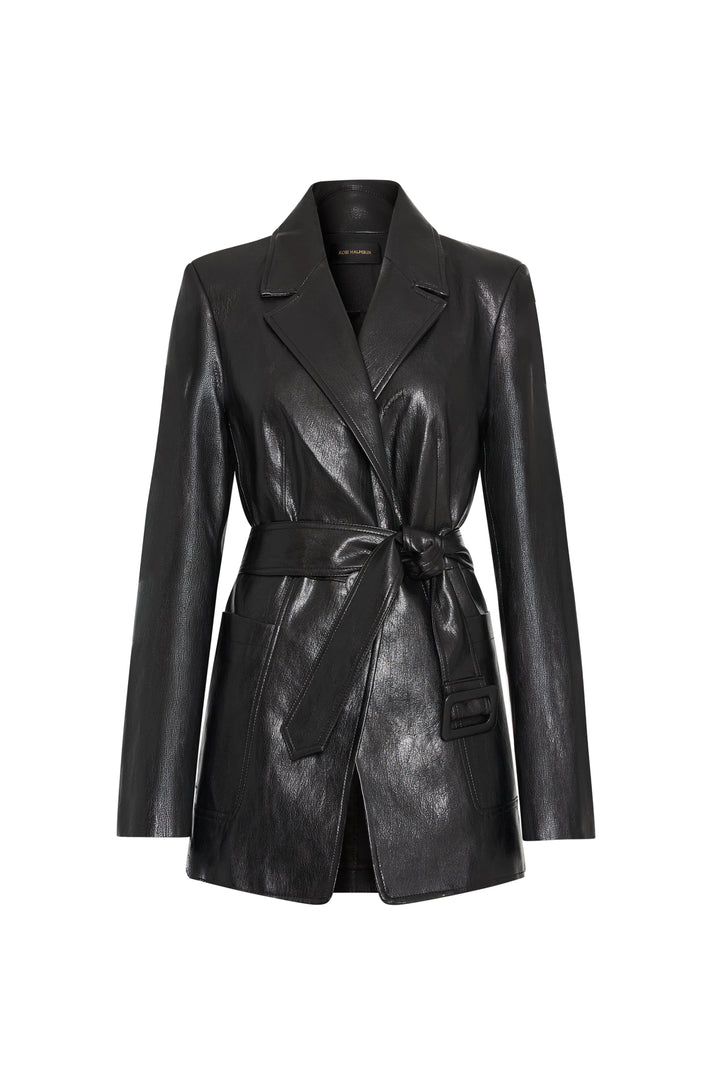Vegan leather jacket with notched lapels, removable belt, front pockets, tailored silhouette; front view on white.