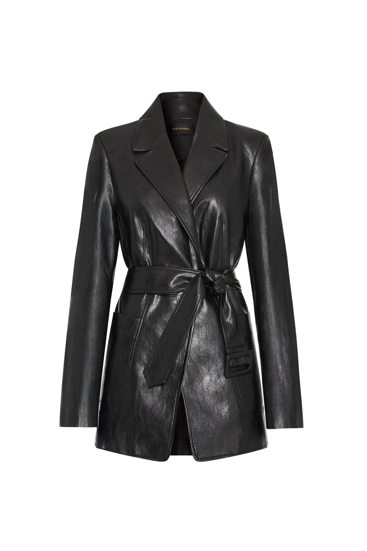Tailored black vegan leather jacket, notched lapels, long sleeves, front pockets; front view on white.