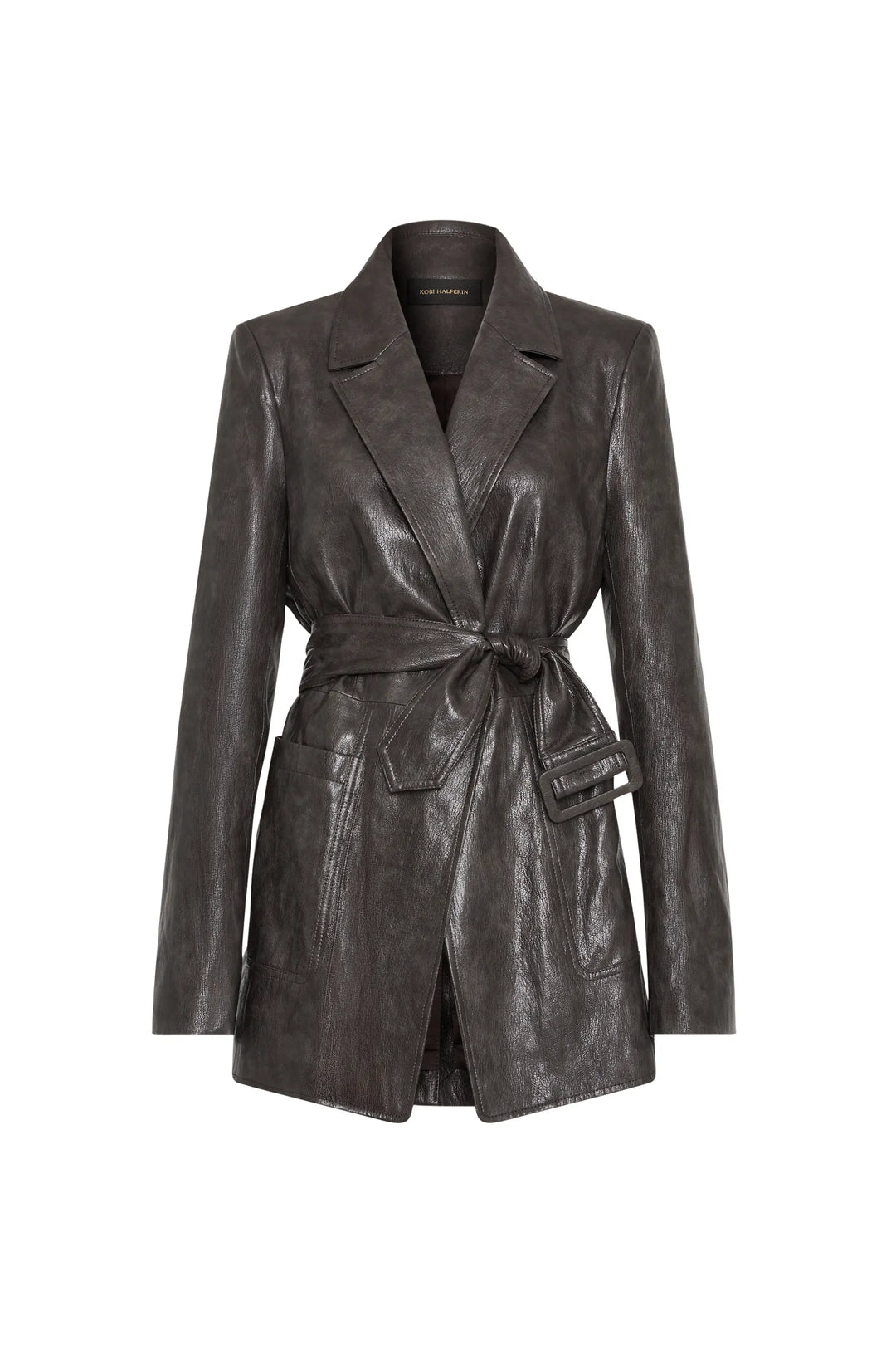 Dark brown vegan leather jacket with notched lapels, removable belt, front pockets; front view on white.
