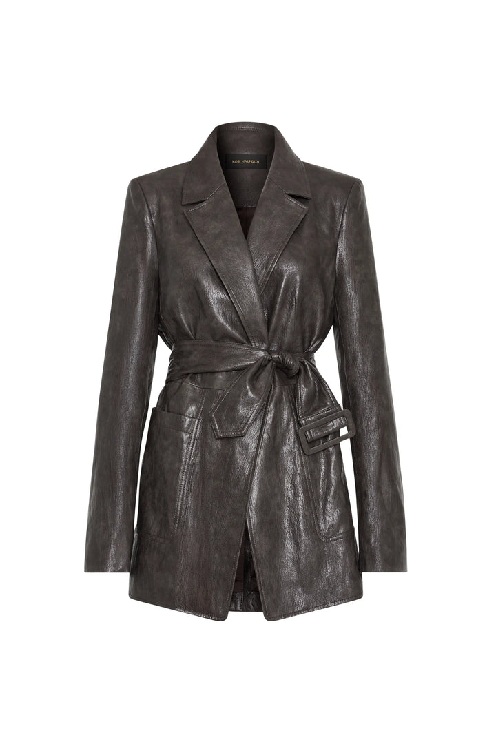 Dark brown vegan leather jacket with notched lapels, removable belt, front pockets; front view on white.