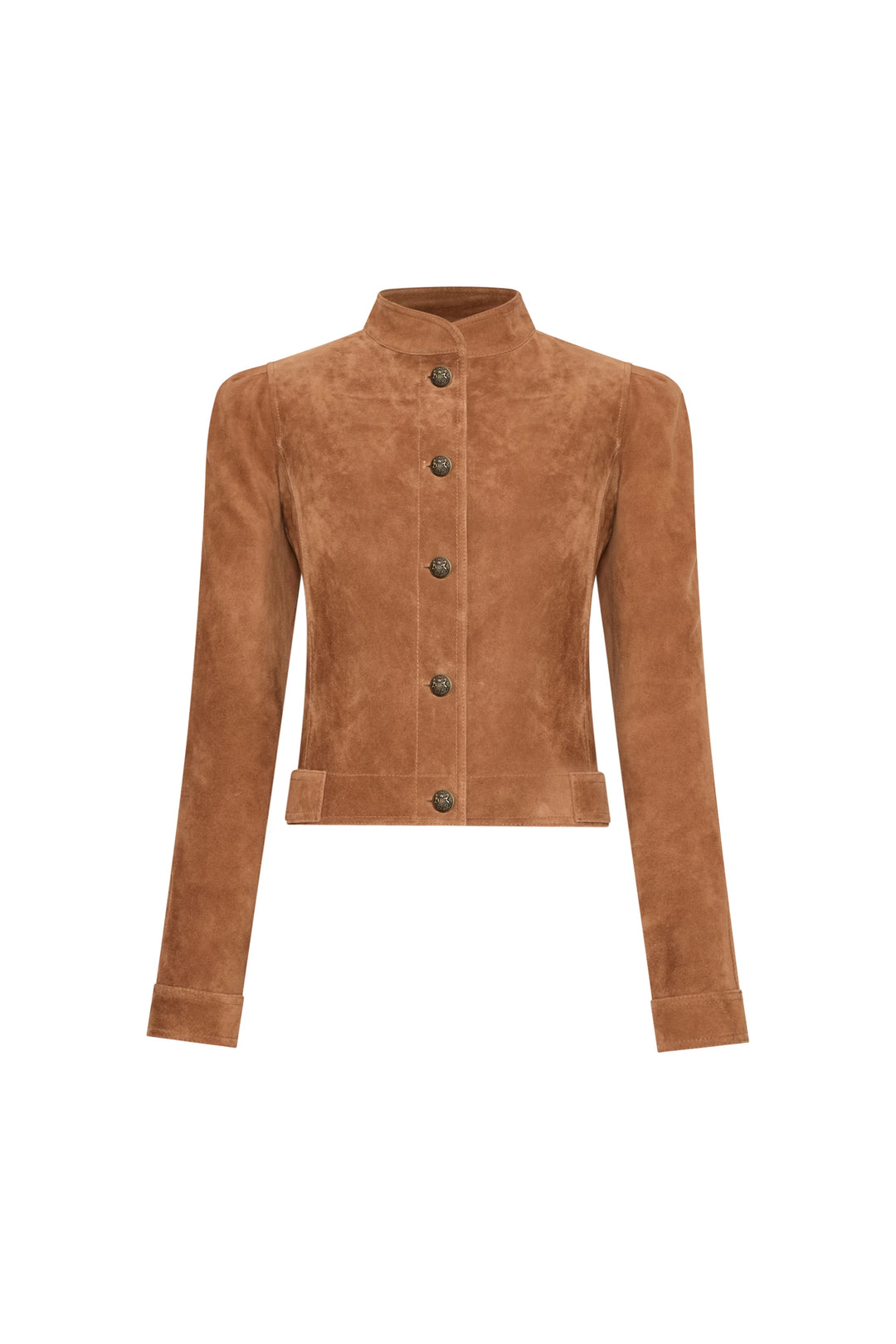 Brown bonded suede jacket with mandarin collar, front buttons, long sleeves, modern tailored fit; front view on white.