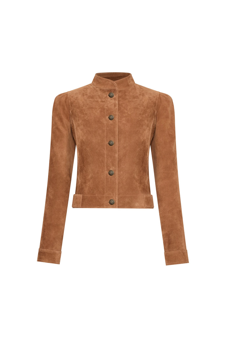 Brown bonded suede jacket with mandarin collar, front buttons, long sleeves, modern tailored fit; front view on white.