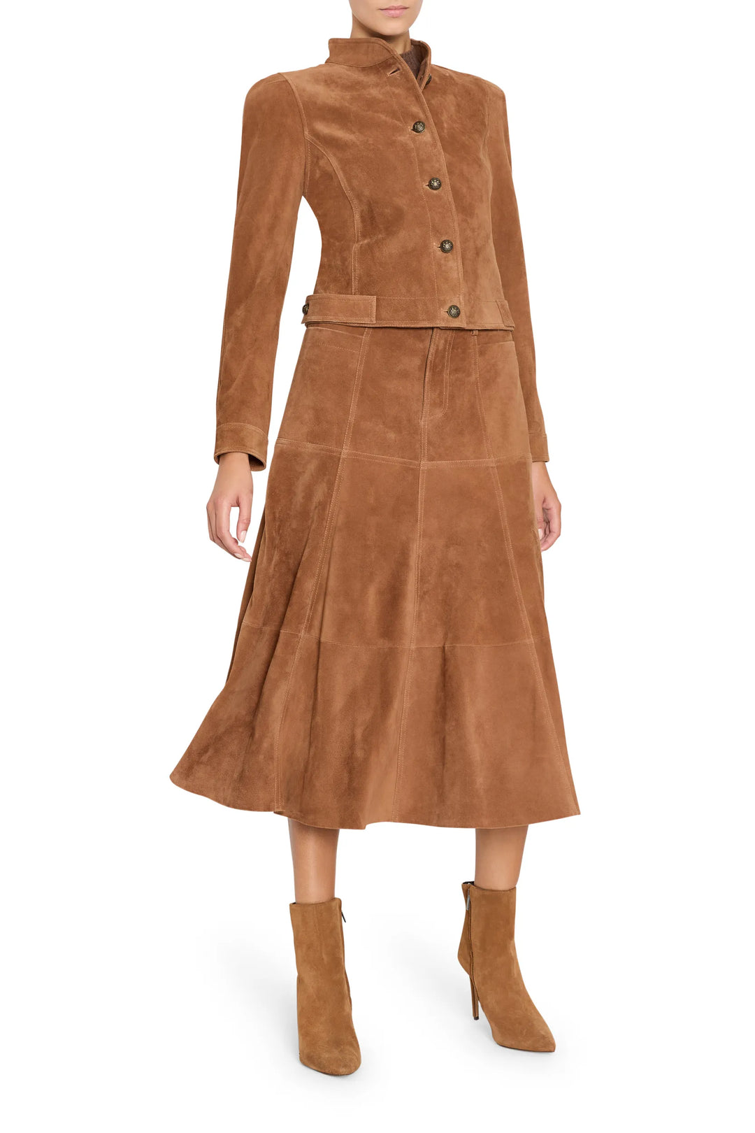 Suede jacket with tailored silhouette, structured seams, and front closure. Front view on white.
