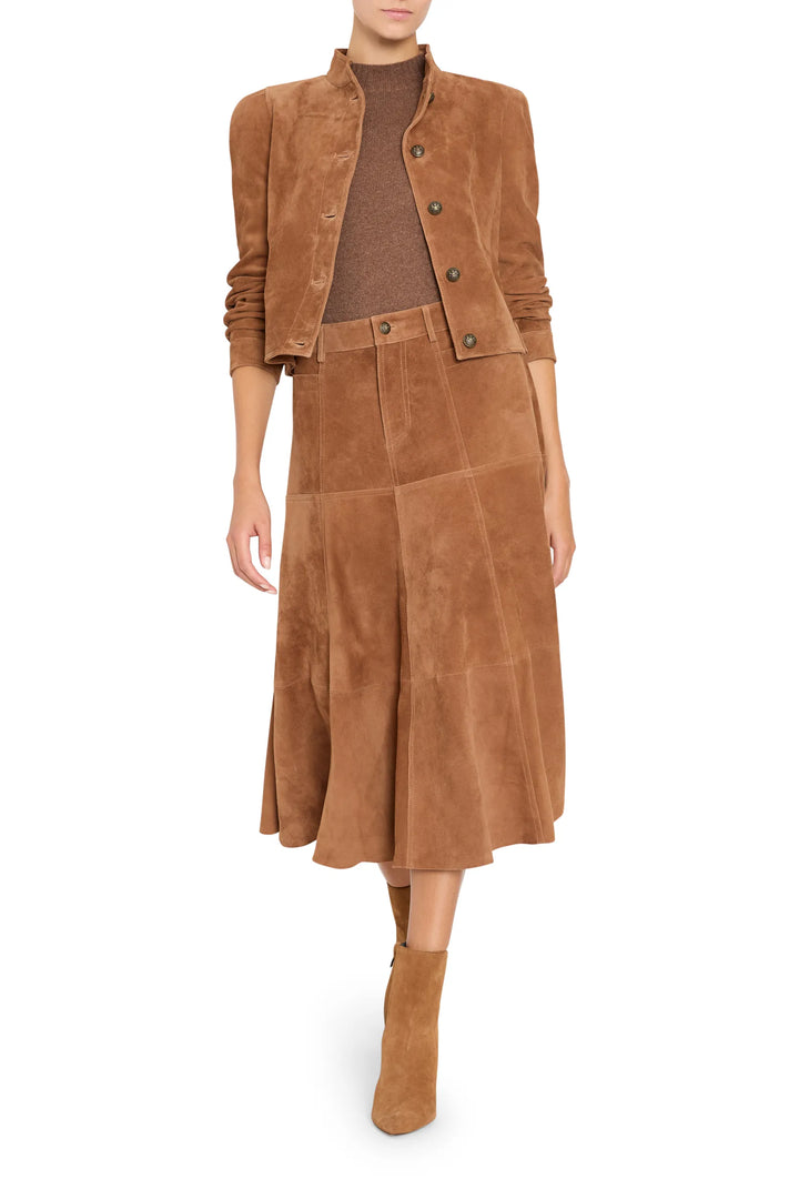 Suede jacket with structured silhouette, classic collar, front patch pockets; front view on white.