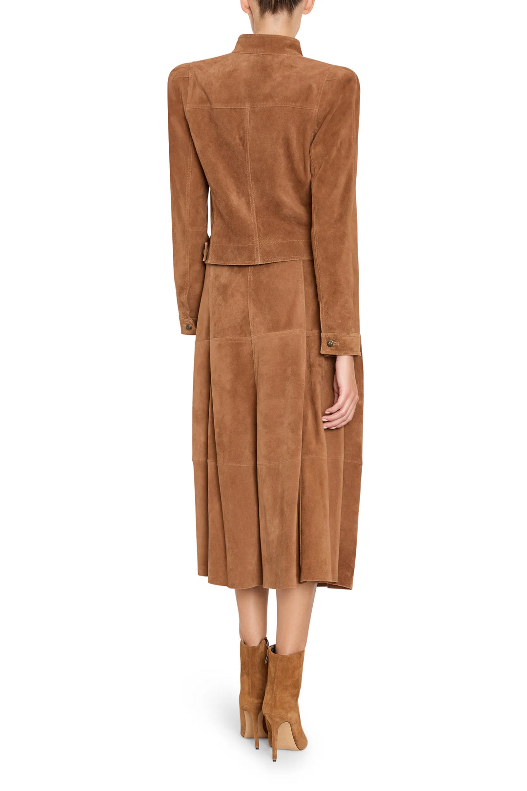 Suede jacket with clean lines, fitted silhouette, classic collar and button front; back view on model.