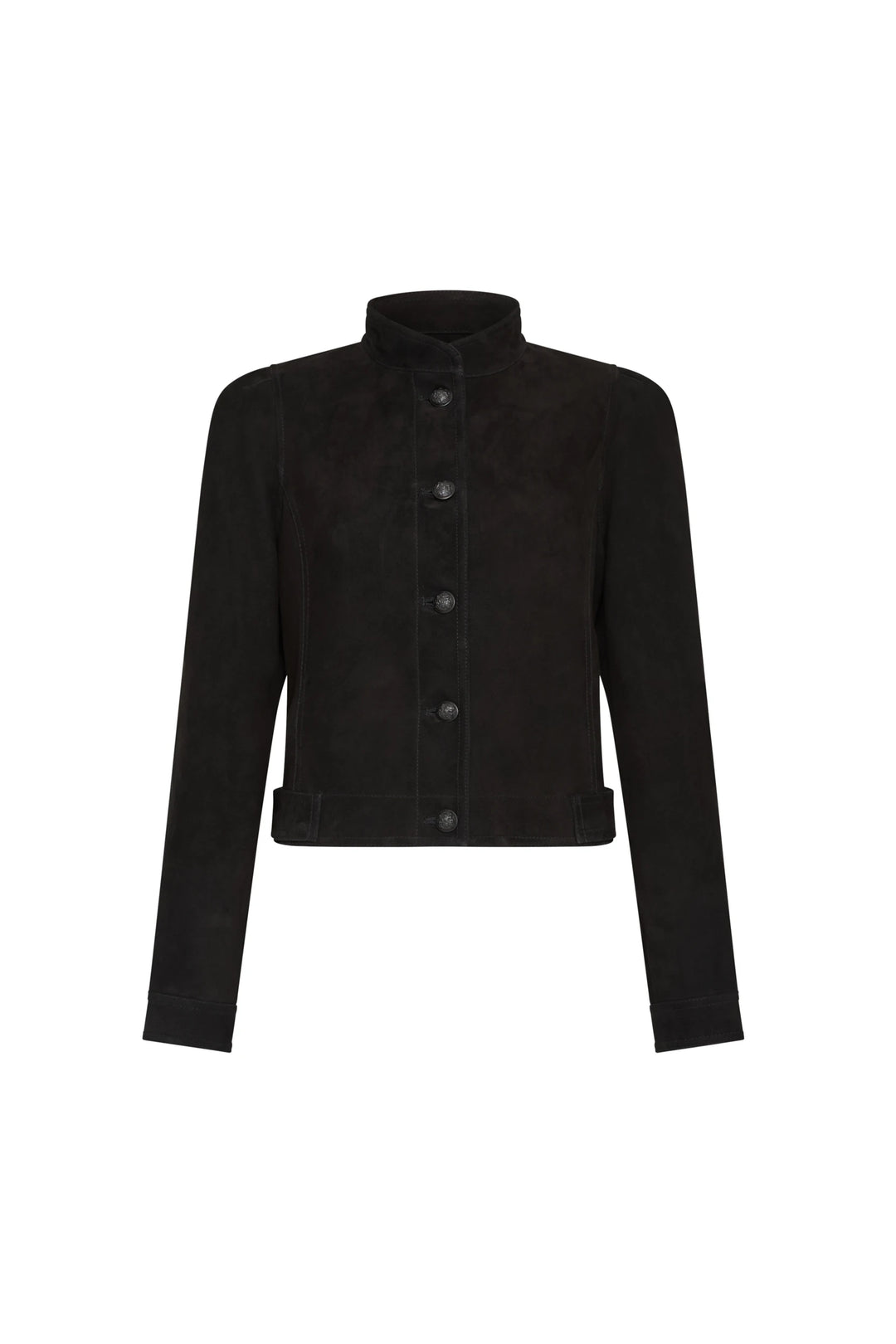 Black bonded suede jacket with long sleeves, modern fit, short fitted collar. Front view on white.