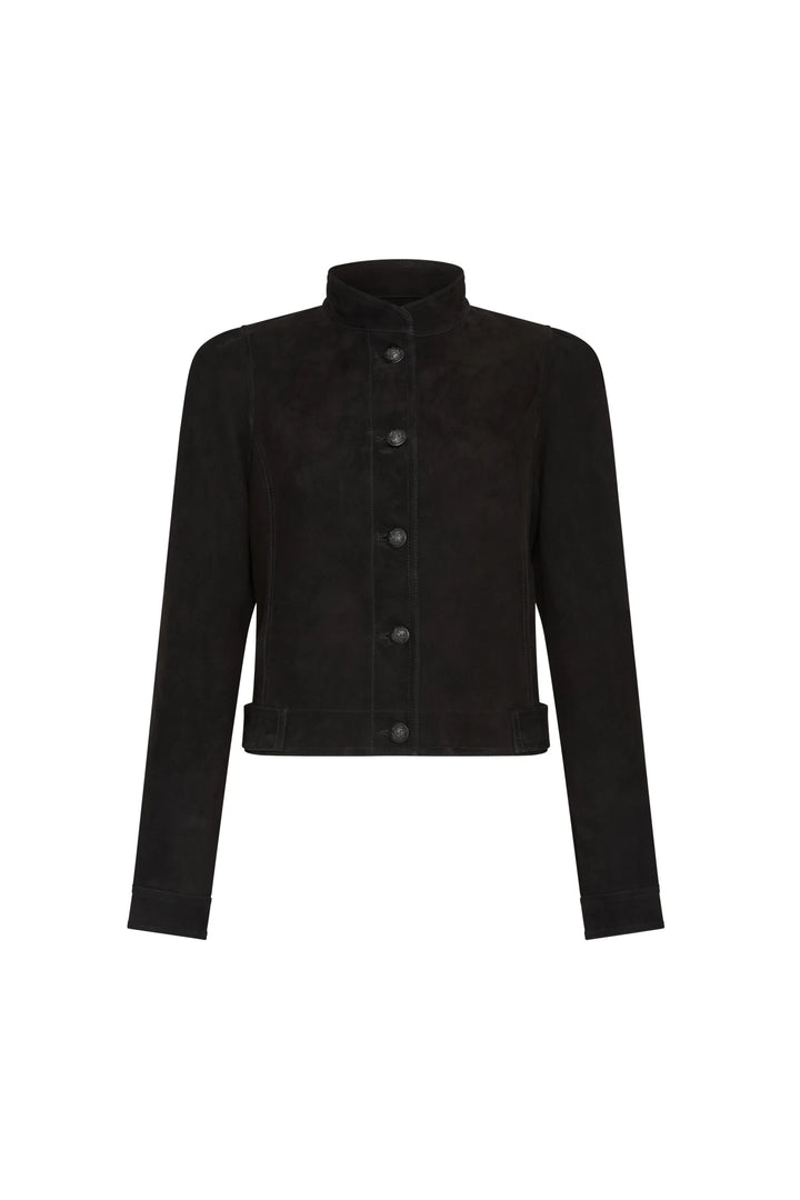 Black bonded suede jacket with long sleeves, modern fit, short fitted collar. Front view on white.