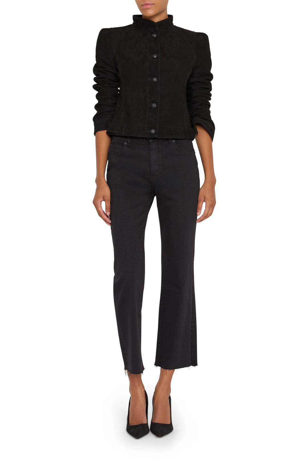 Suede jacket with structured silhouette, tailored seams, front pockets. Front view on white.