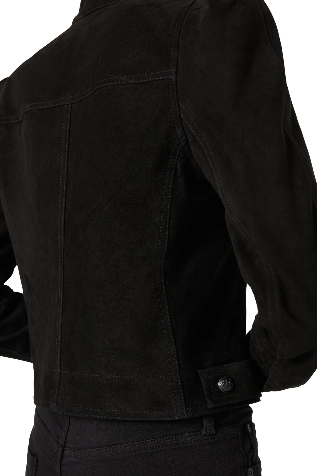 Suede jacket with clean lines, structured silhouette, paneled back construction; back view on model.