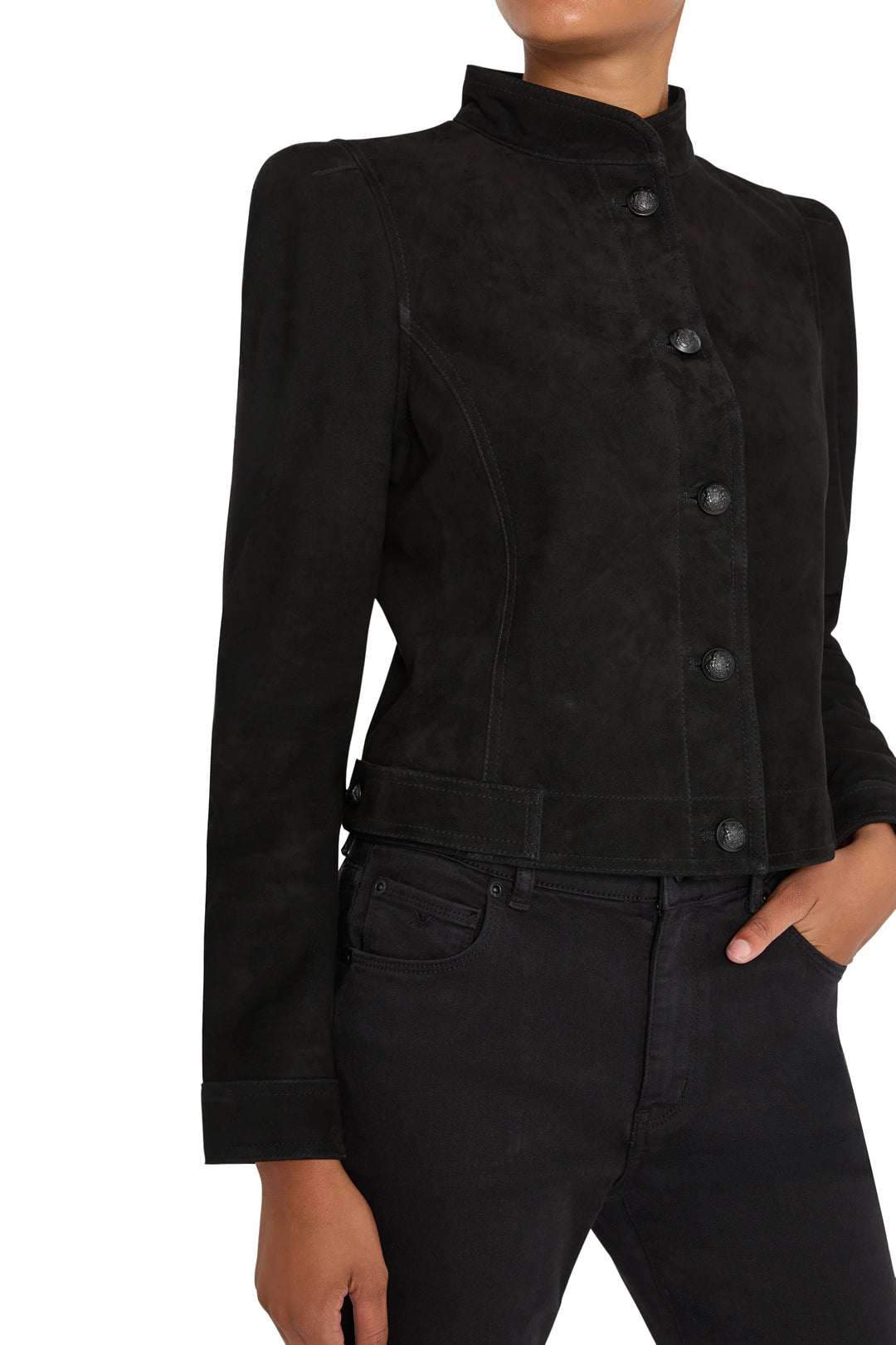 Suede jacket with structured silhouette, snap front, notched collar, angled seams; front view on model.