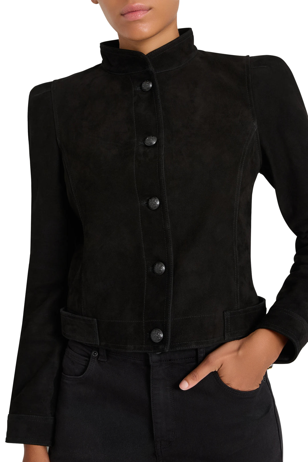 Tailored black bonded suede jacket with stand collar and button-up front. Front view on model.