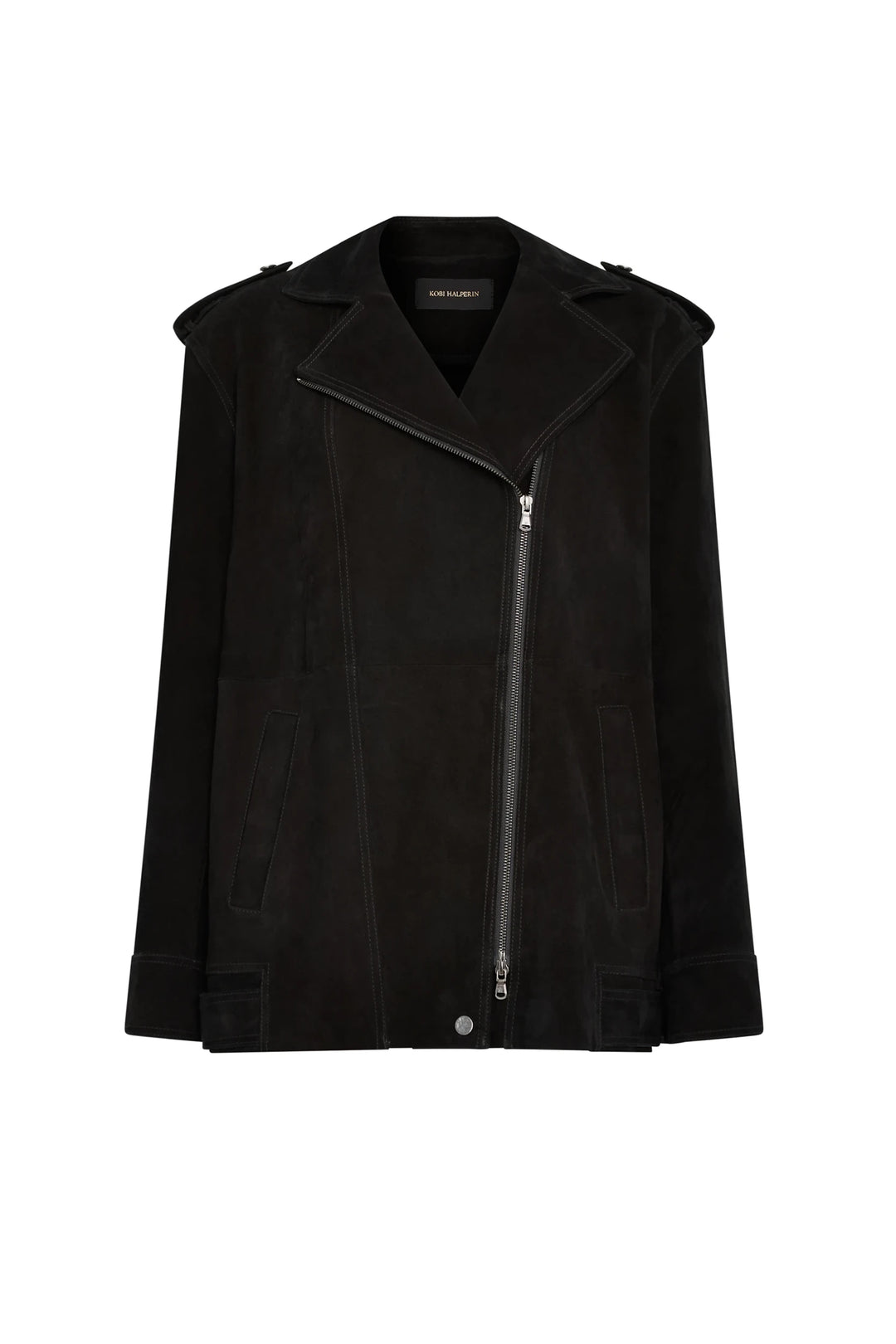 Priscilla Suede Moto Jacket with off-center zipper, notch lapels, side pockets; structured silhouette. Front view on white.