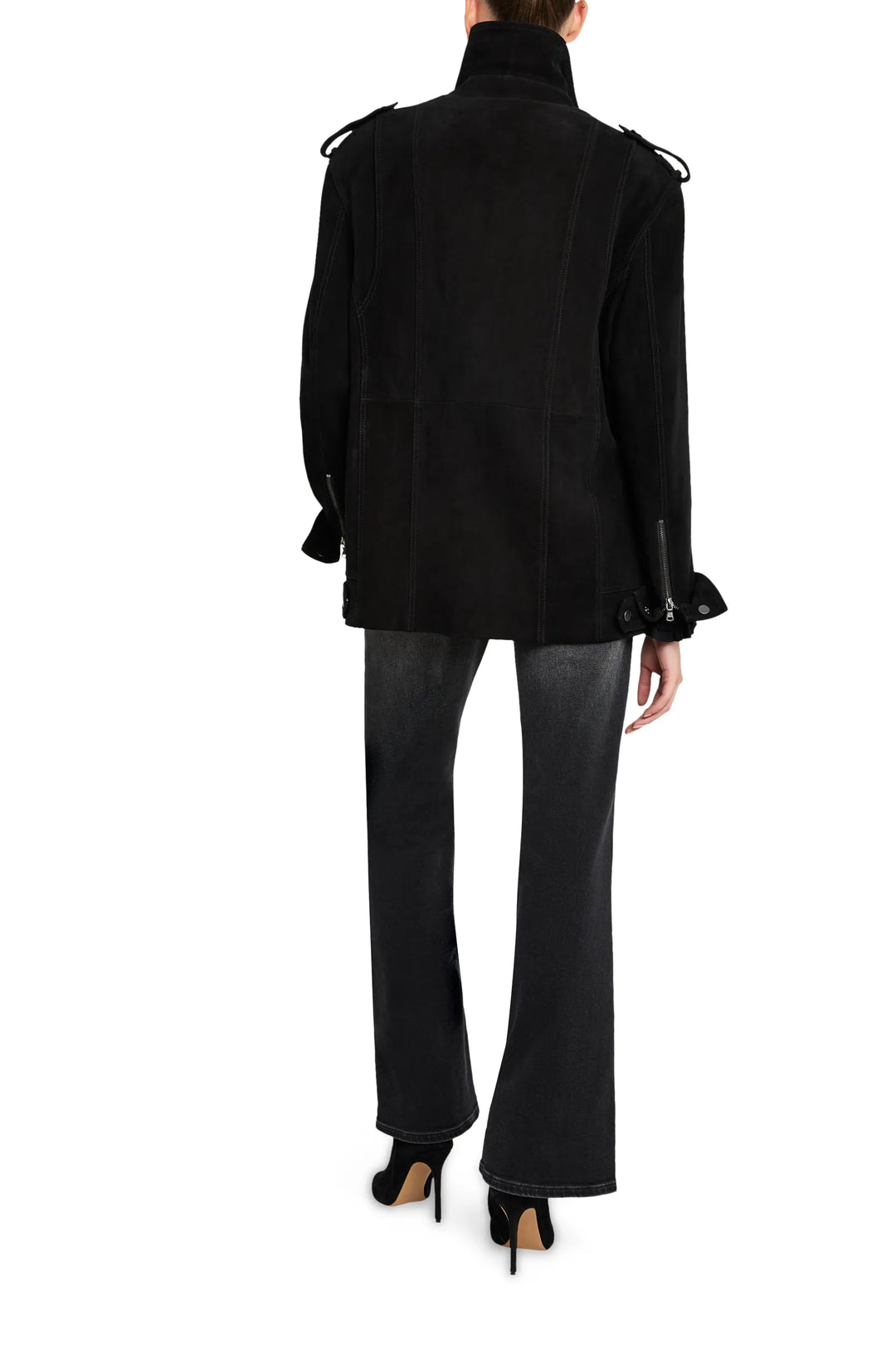 Moto jacket with tailored silhouette in suede, notched lapel, front zip. Back view on white.