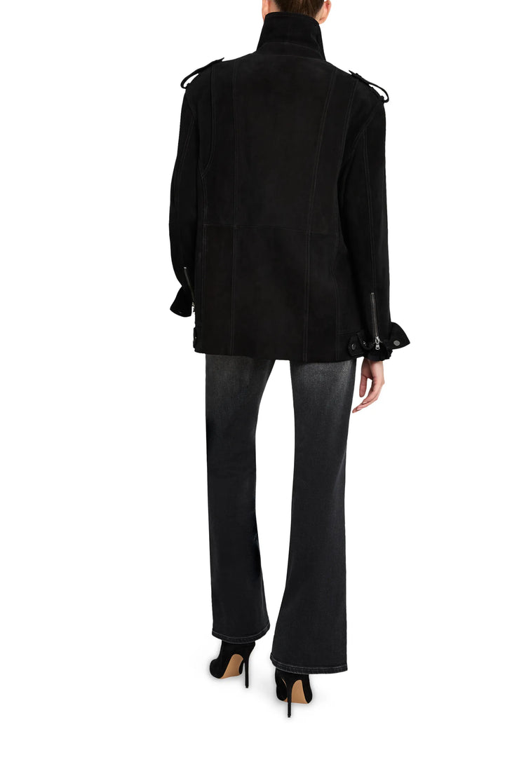 Moto jacket with tailored silhouette in suede, notched lapel, front zip. Back view on white.