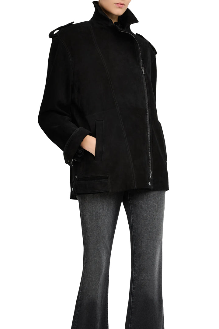 Fitted suede moto jacket with structured shoulders, zip front, and lapel collar; front view on white.