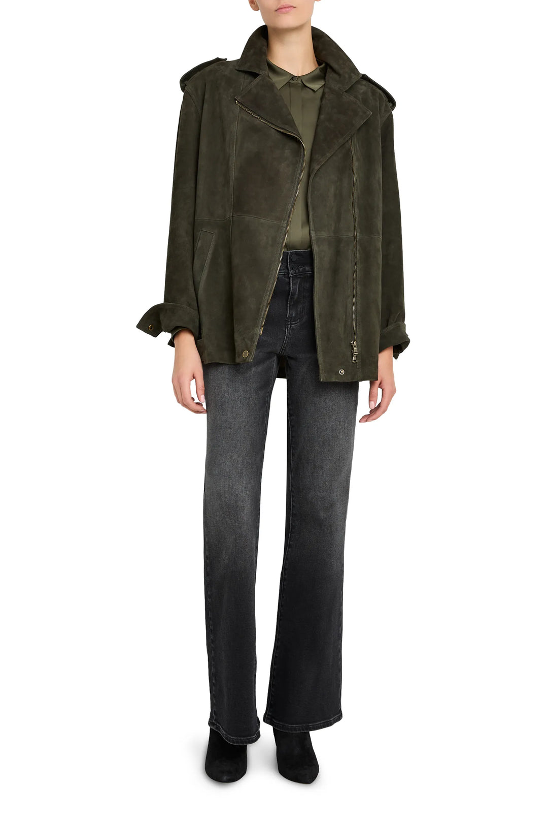 Moto jacket with structured silhouette in suede, zip front, snap collar and cuffs; front view on white.