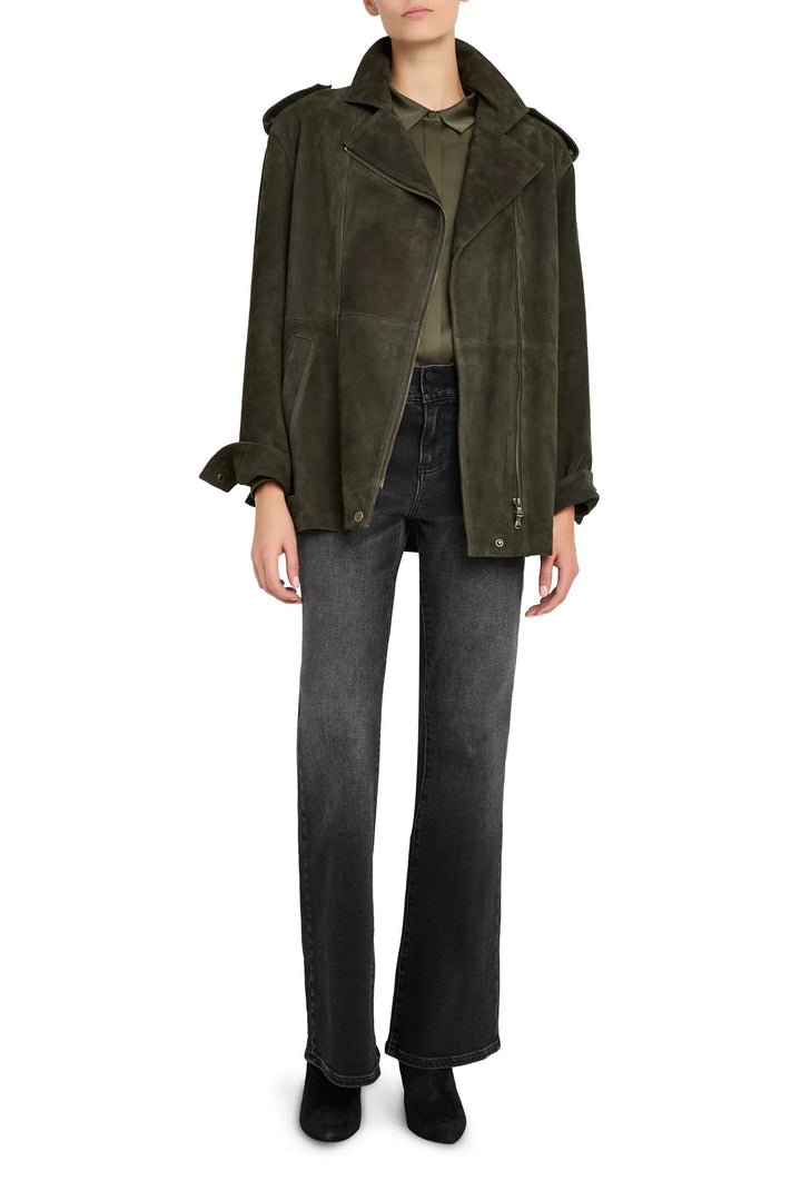 Moto jacket with structured silhouette in suede, zip front, snap collar and cuffs; front view on white.