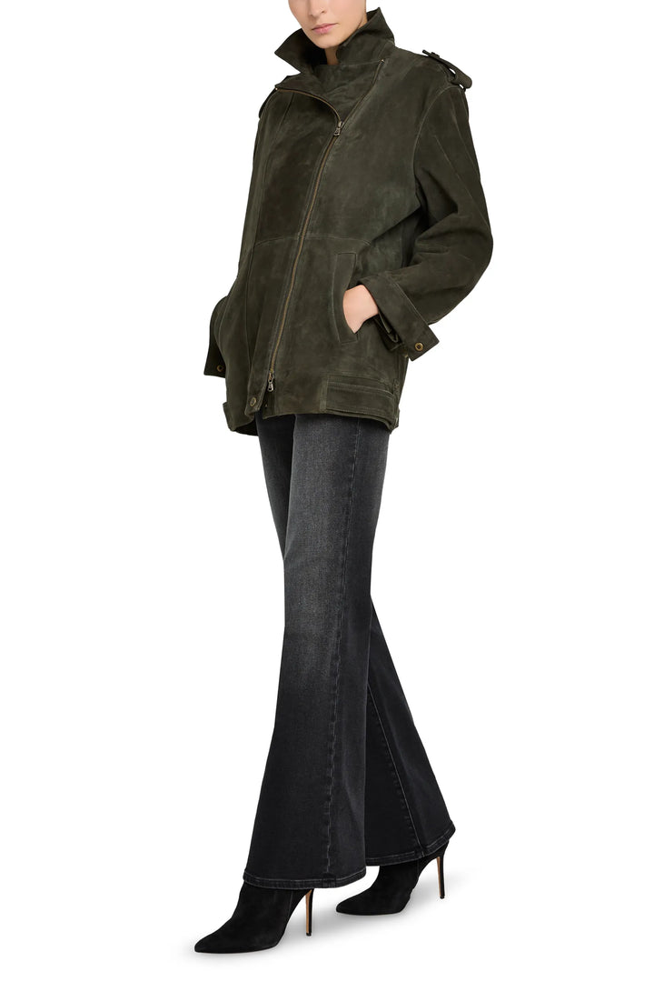 Moto silhouette jacket in suede with classic lapels, zip front, and seamed construction; front view on model.