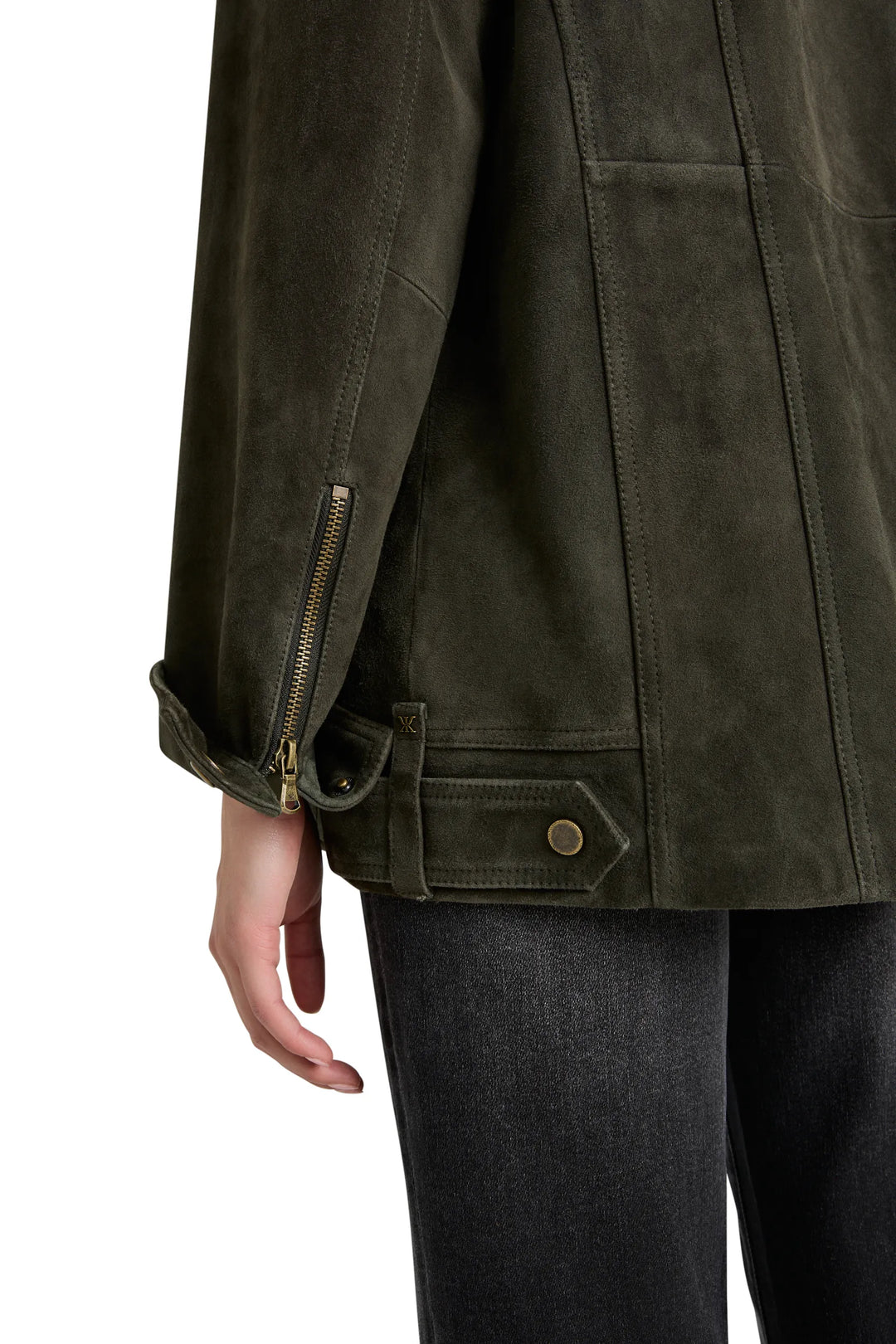 Moto jacket with a tailored fit, suede fabric, notched lapel and zip details; front view on model.