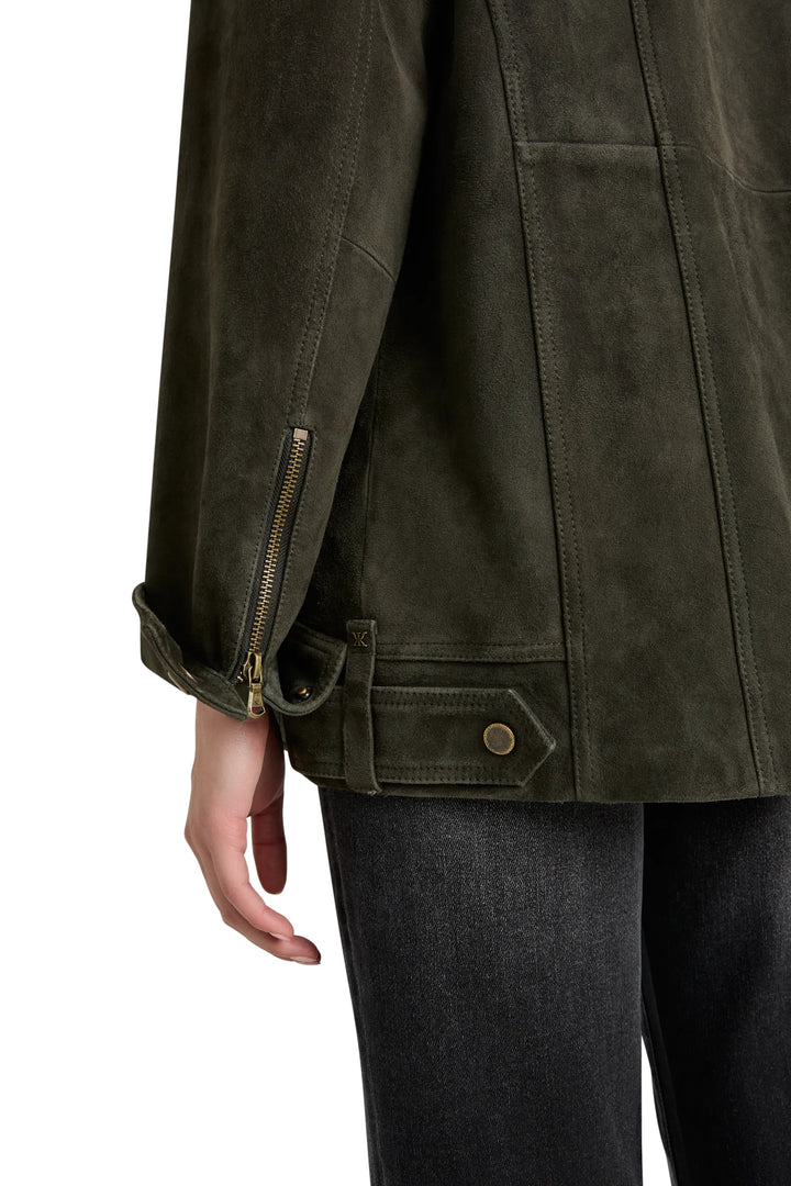 Moto jacket with a tailored fit, suede fabric, notched lapel and zip details; front view on model.
