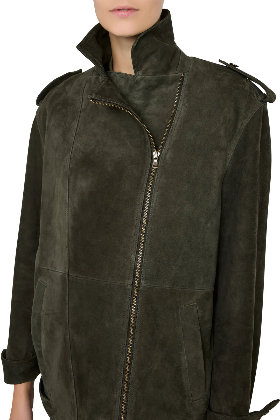Moto jacket with asymmetrical zip front, high collar, suede fabric, tailored silhouette. Front view on model.