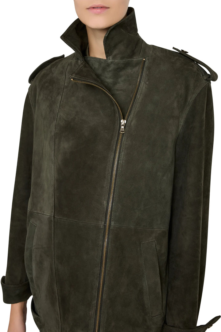 Moto jacket with asymmetrical zip front, high collar, suede fabric, tailored silhouette. Front view on model.
