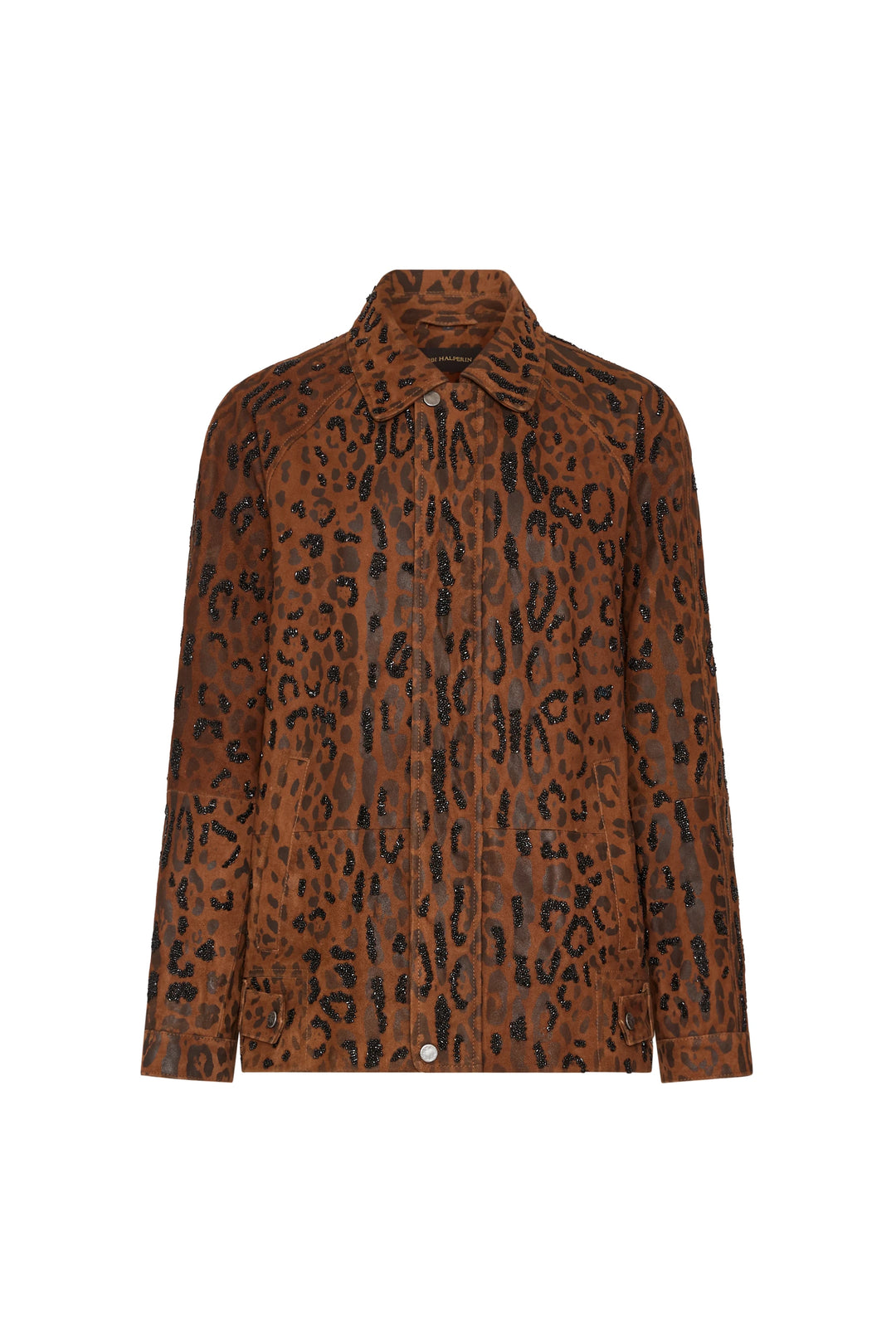 Leopard suede jacket with structured collar, front snaps, clean hem, tailored silhouette; front view on white.
