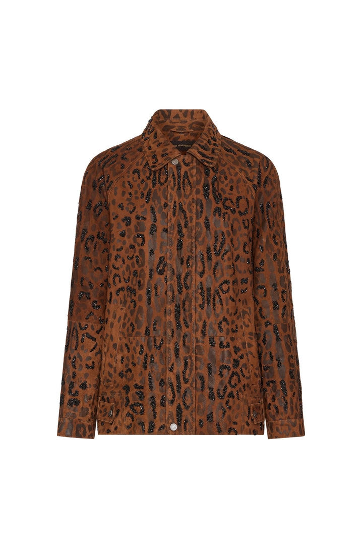 Leopard suede jacket with structured collar, front snaps, clean hem, tailored silhouette; front view on white.