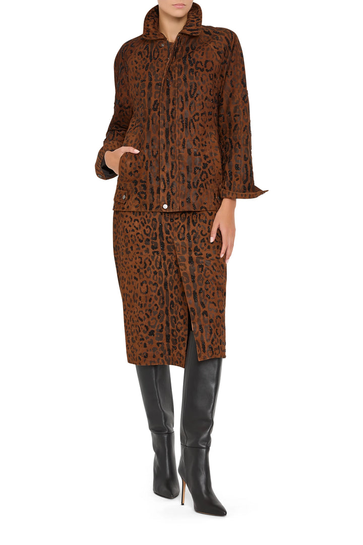 Leopard suede jacket with tailored fit, notched collar, button front, long sleeves; front view on model.