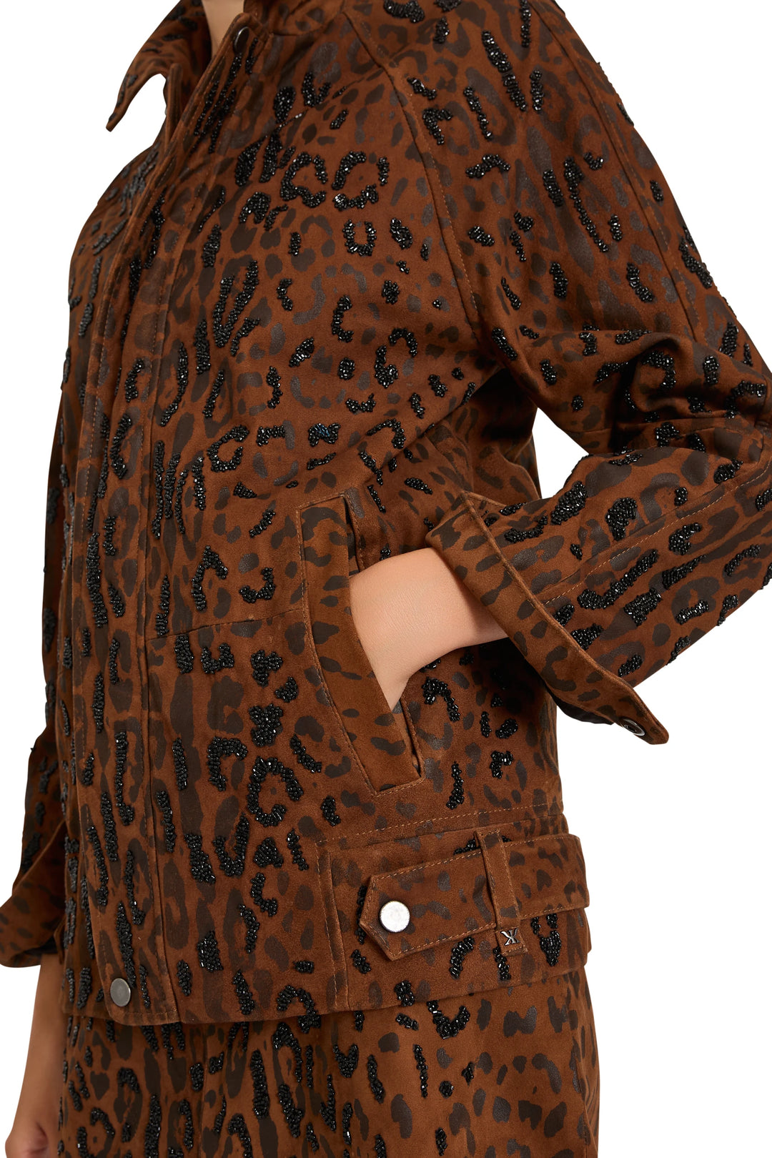 Leopard Suede Jacket with structured silhouette, front pockets, and collar; cropped fit. Front view on model.