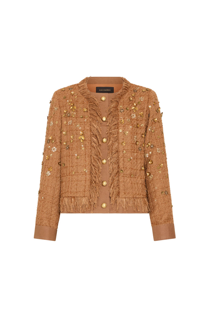 Tailored tweed jacket with gold buttons, fringe trim, sequin bead embellishments, heritage cut; front view on white.