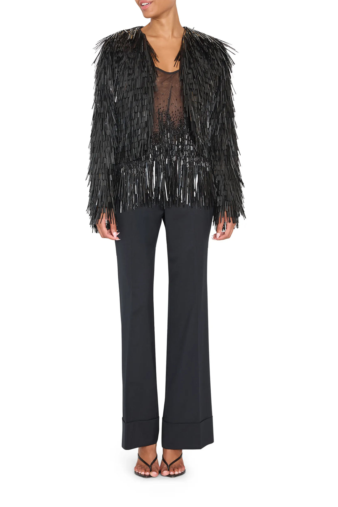 Structured, collarless embellished jacket with open front and ornate detailing; front view on white.