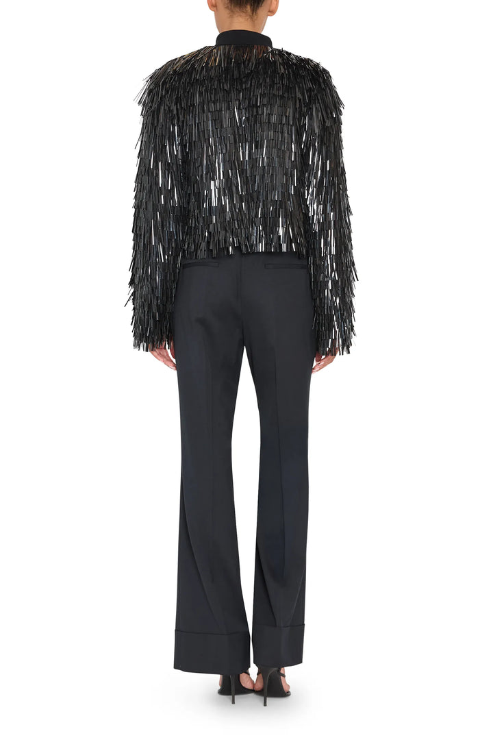 Straight-cut silhouette, structured construction, embellished details at shoulders. Back view on white.