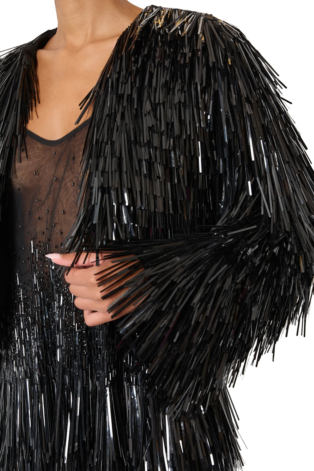 Izzy Embellished Jacket with straight silhouette and shiny fringe accents, open front; front view on model.