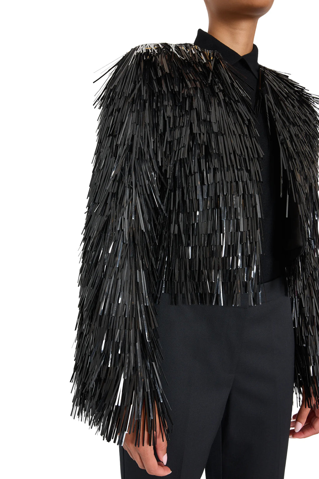 Relaxed-fit jacket with allover fringe-like strips and black sequin embellishment, front view on white.