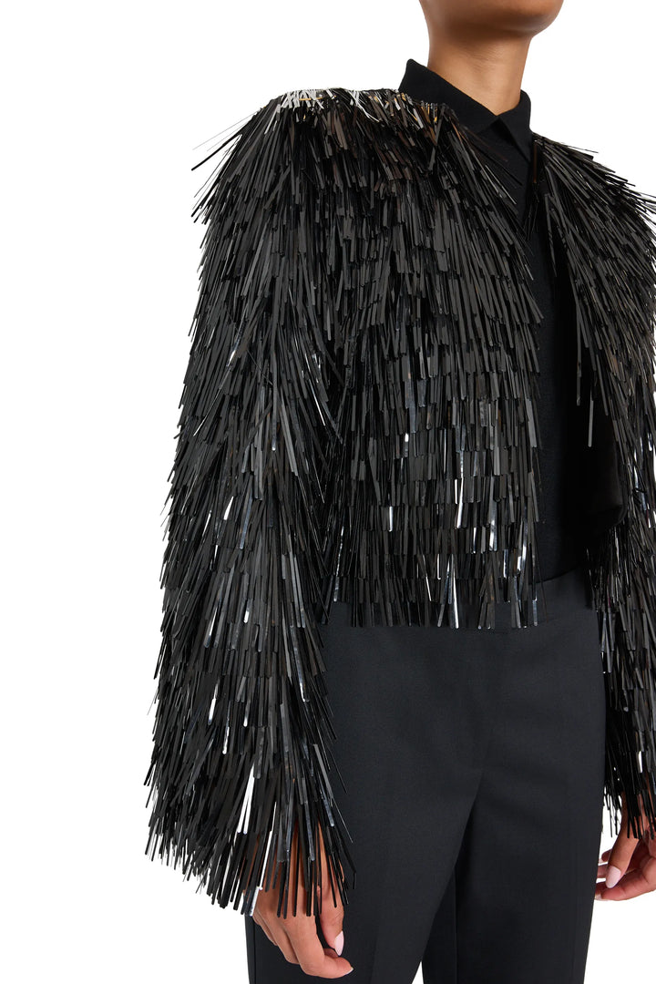 Relaxed-fit jacket with allover fringe-like strips and black sequin embellishment, front view on white.