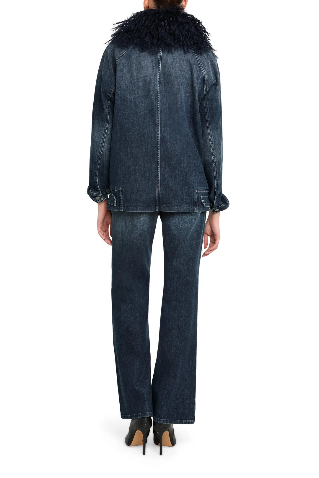 Relaxed-fit denim jacket with shearling collar, structured seams; back view on model.