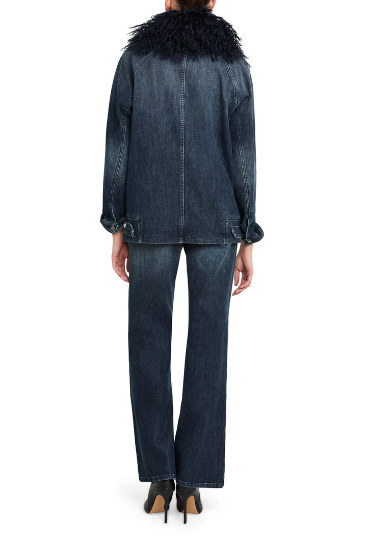 Relaxed-fit denim jacket with shearling collar, structured seams; back view on model.