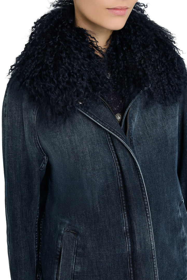 Boxy bomber silhouette denim jacket with oversized shearling collar and front yoke detail, front view on model.