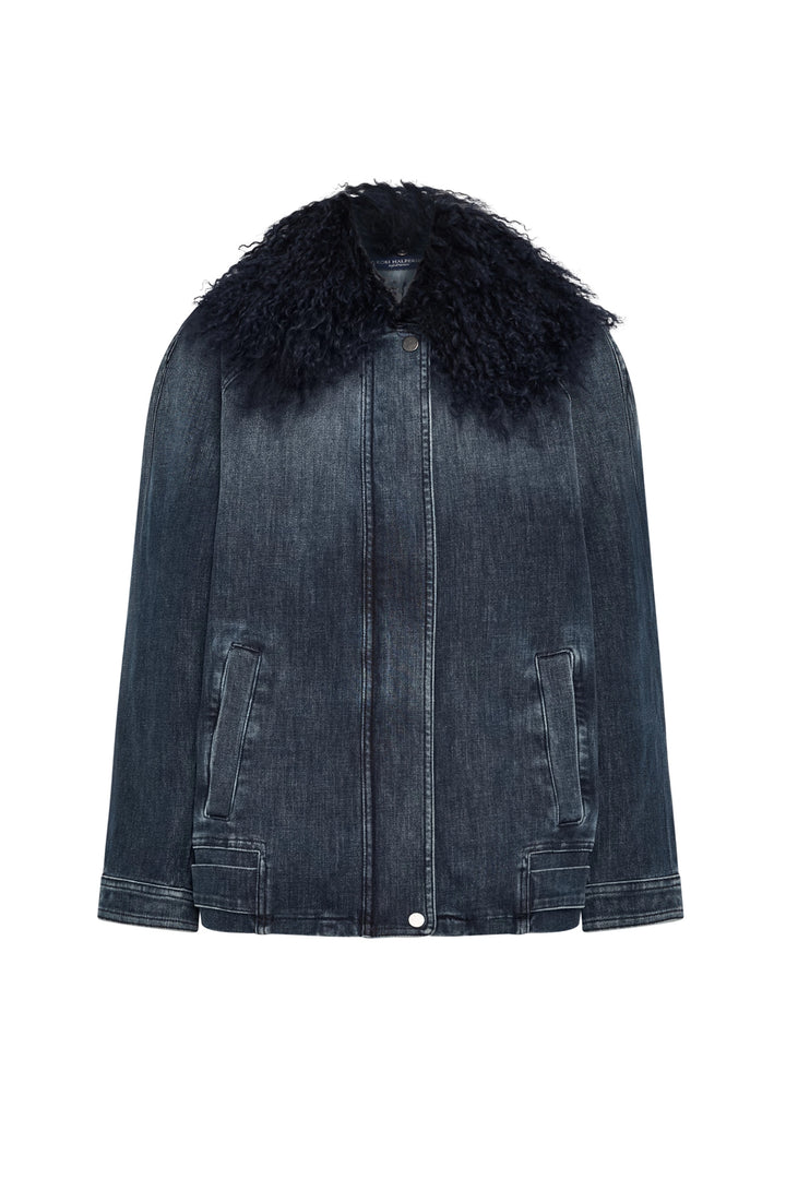 Structured dark denim jacket with bold faux fur collar, front patch pockets; collared silhouette—front view on white.