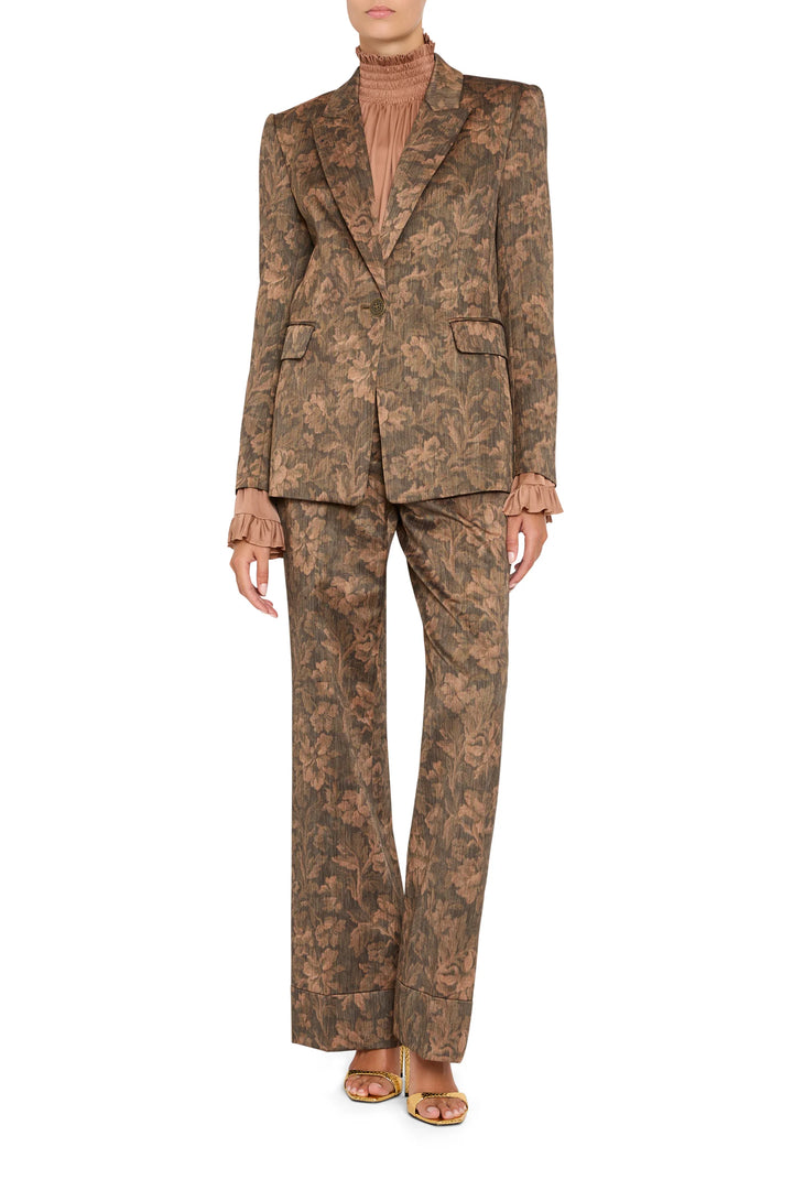 Lisa Jacquard blazer in Italian brocade with peak lapels, flap pockets, and single-button closure, front view on white.