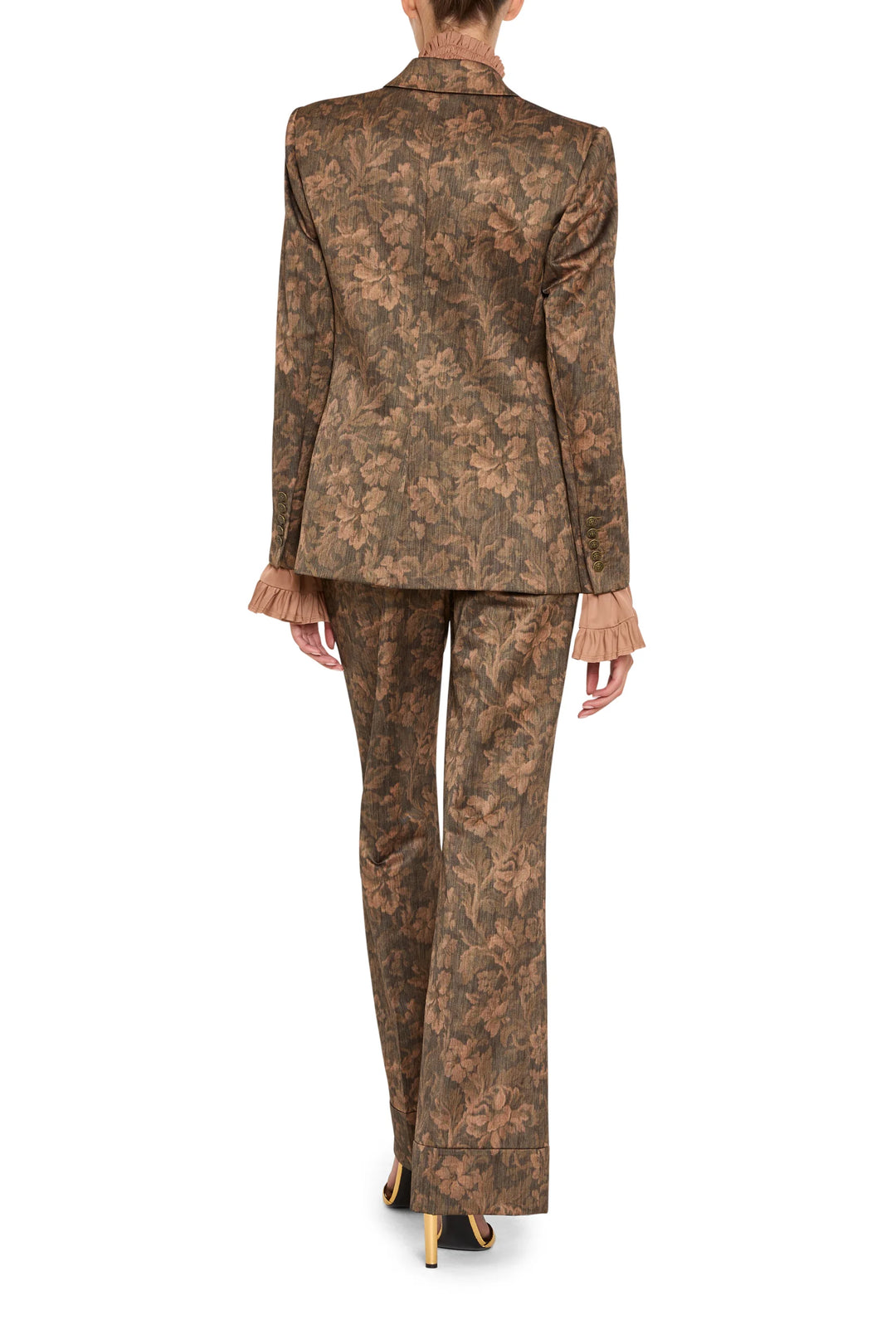Lisa Jacquard Blazer in Italian jacquard with structured shoulders and floral effect, back view on white.