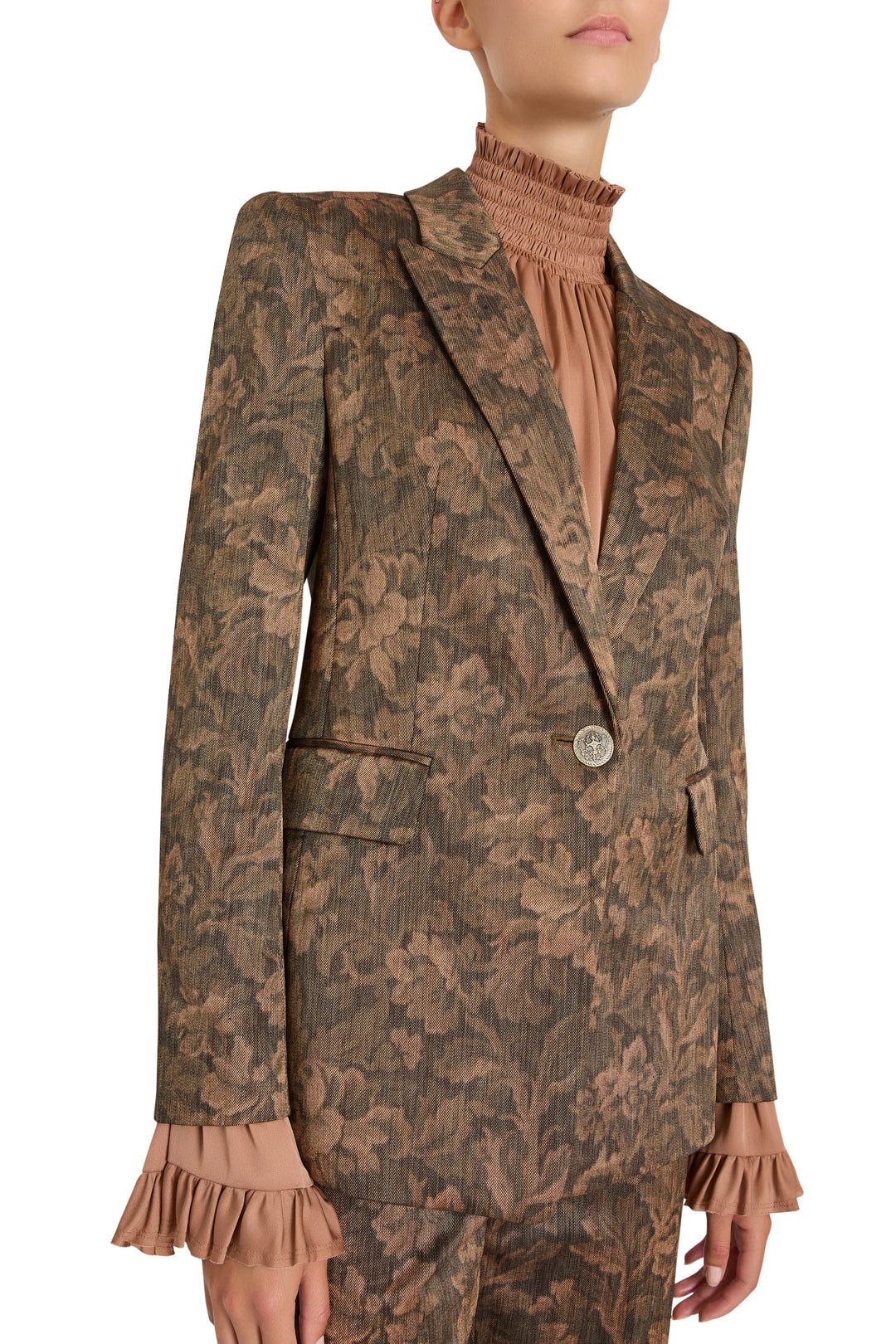 Lisa Jacquard Blazer in floral jacquard with peaked lapels and single-button closure, side view.