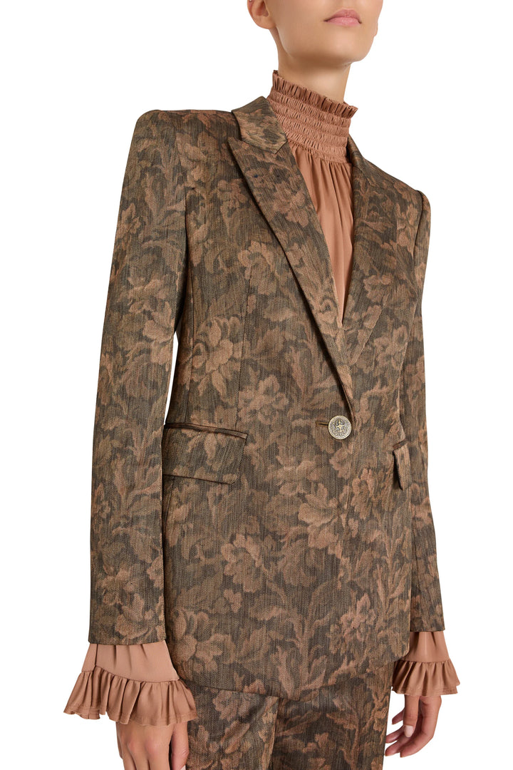 Lisa Jacquard Blazer in floral jacquard with peaked lapels and single-button closure, side view.
