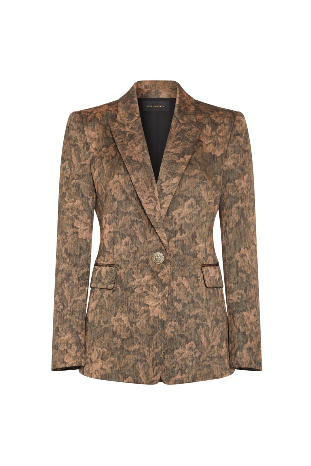 Lisa Jacquard Blazer in floral Italian brocade with peaked lapels and single-button closure, front view on white.