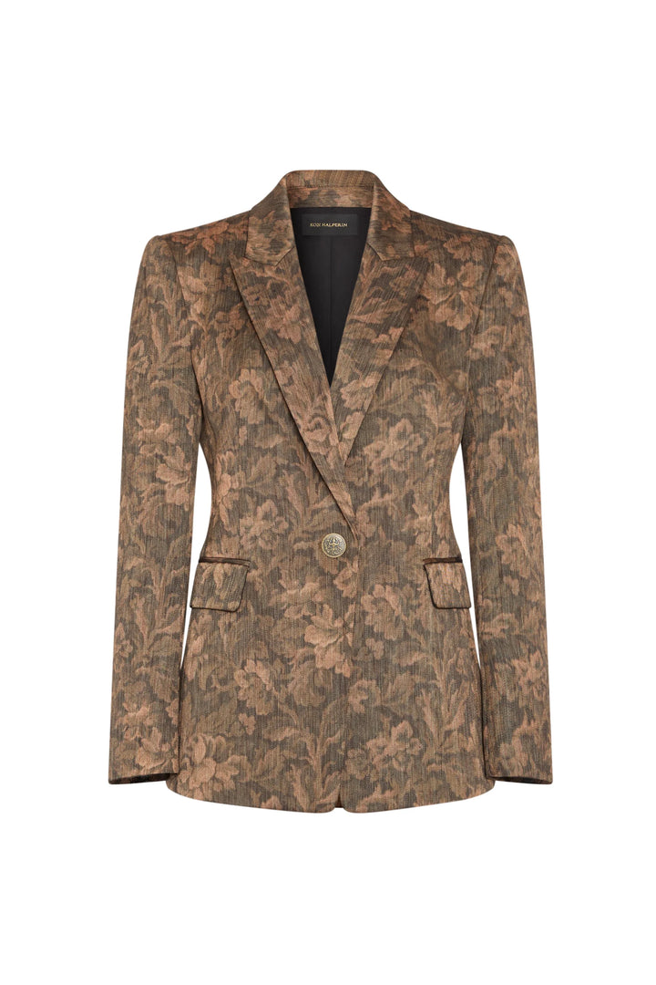 Lisa Jacquard Blazer in floral Italian brocade with peaked lapels and single-button closure, front view on white.